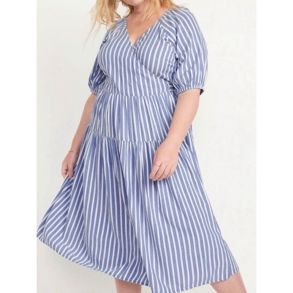 Old Navy Blue White Striped Puff Sleeve Smocked Tiered Wrap Midi Dress Size 3X